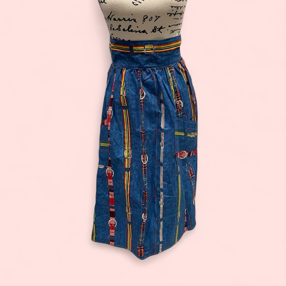 Vintage 70’s Handmade blue belt pattern apron tie waist pockets denim look